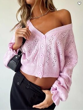 Princess Polly Pastel Pink Crochet V‑Neck Button Crop Cardigan